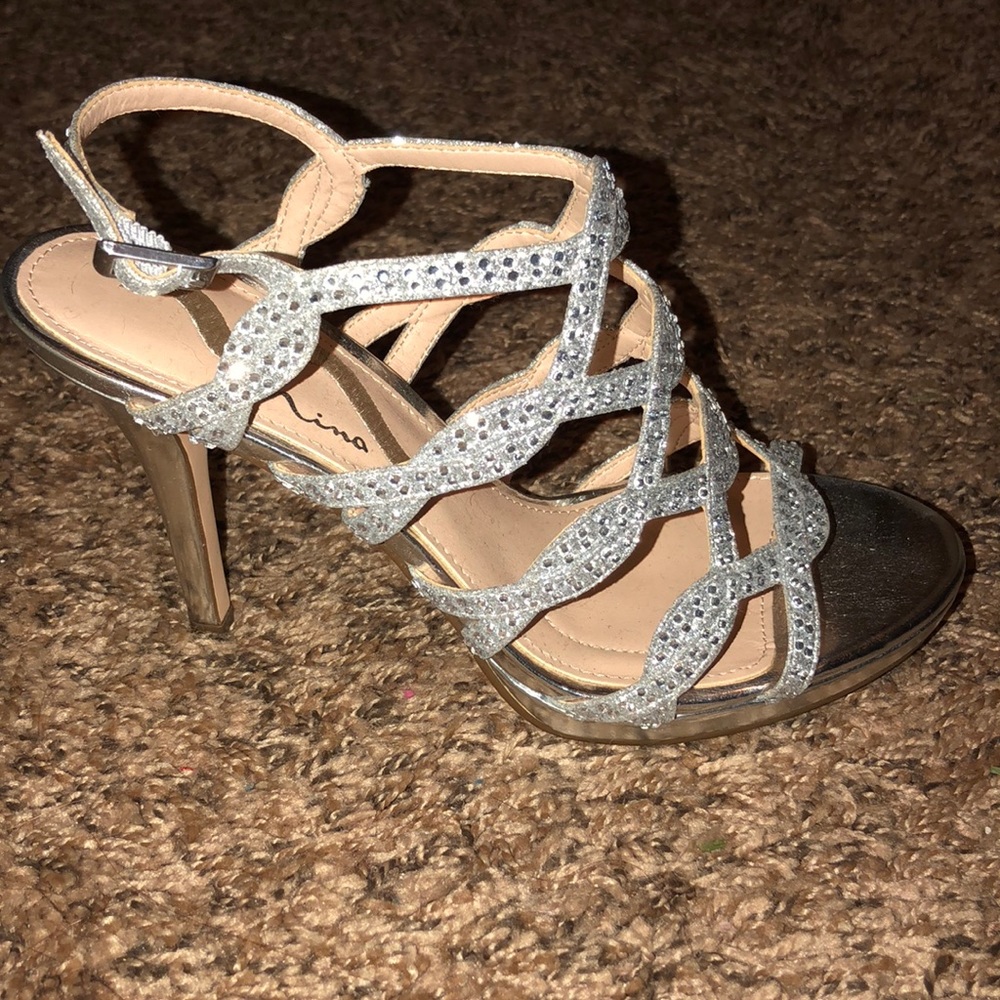 BOGO 50% off! Silver strappy rhinestone heels